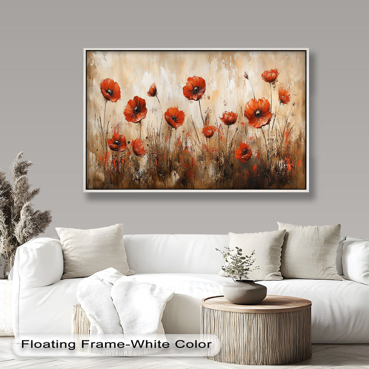 Fiery Meadow – Scarlet Poppies in Earth-Toned Field Flower Oil Painting