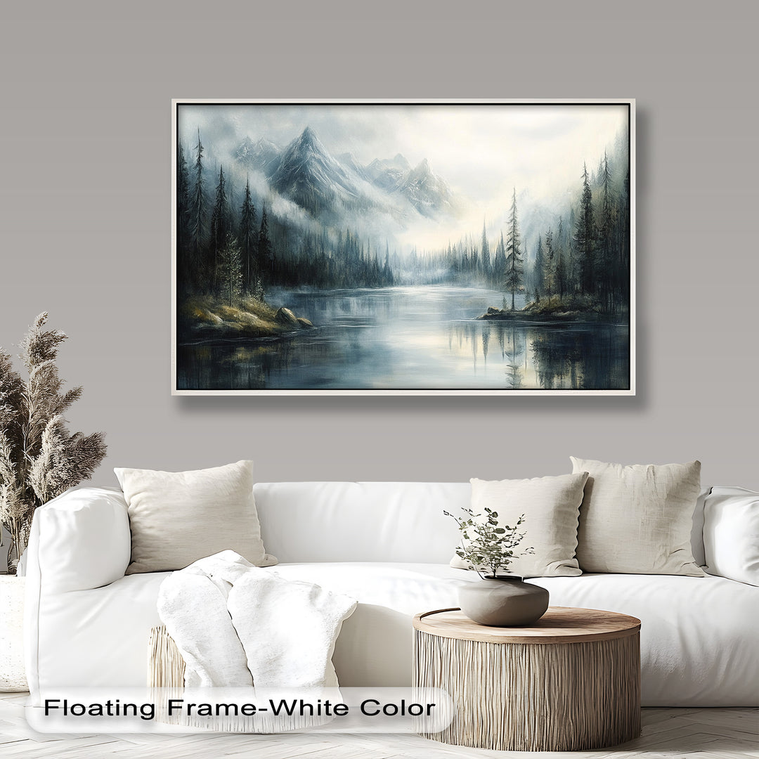 The glassy surface of the lake reflects the towering landscape, enhancing the sense of calm and quiet reflection.