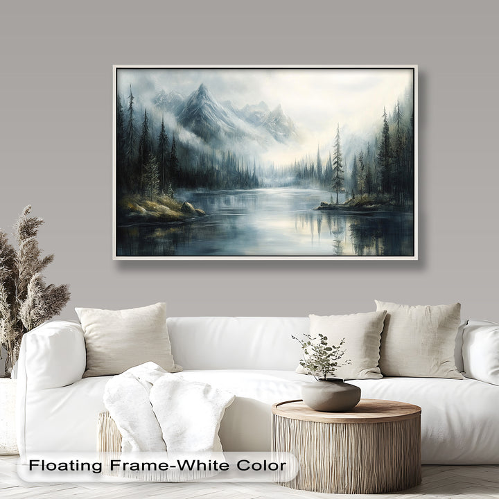 The glassy surface of the lake reflects the towering landscape, enhancing the sense of calm and quiet reflection.