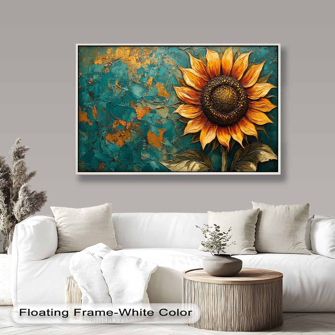 Sunflower on Textured Teal - Flower Oil Painting