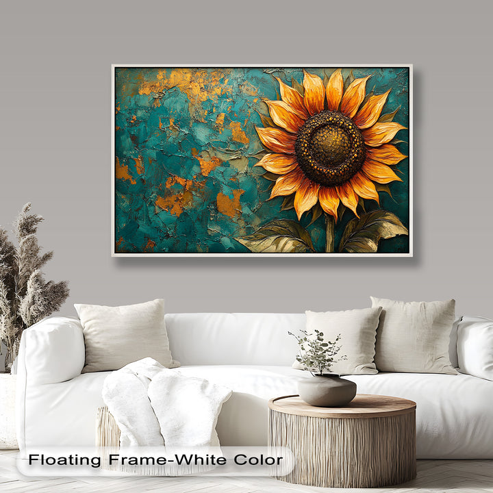 Sunflower on Textured Teal - Flower Oil Painting