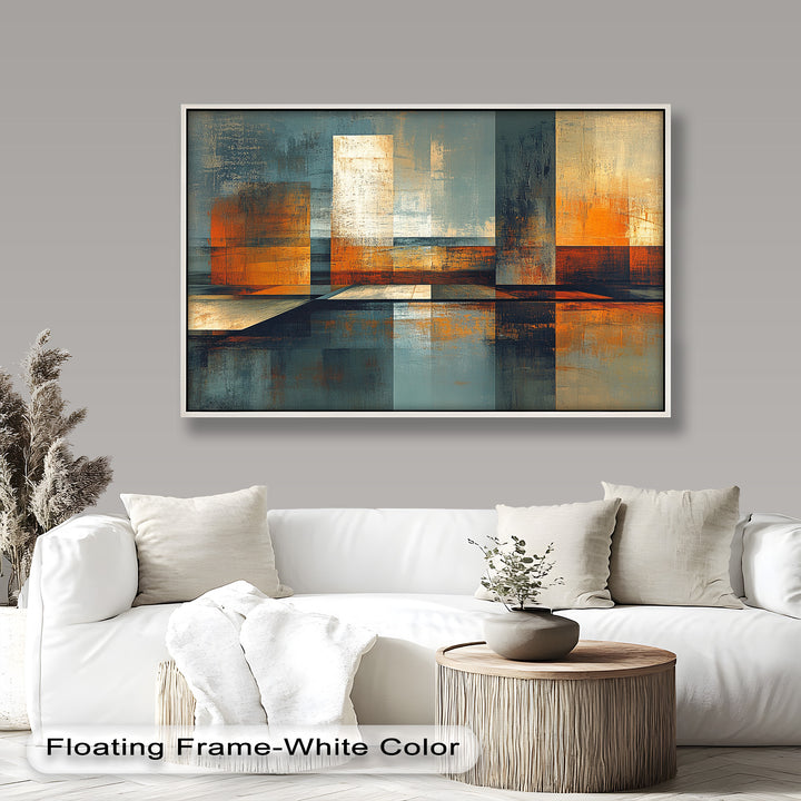 Urban abstract painting with golden reflections and geometric shapes.
