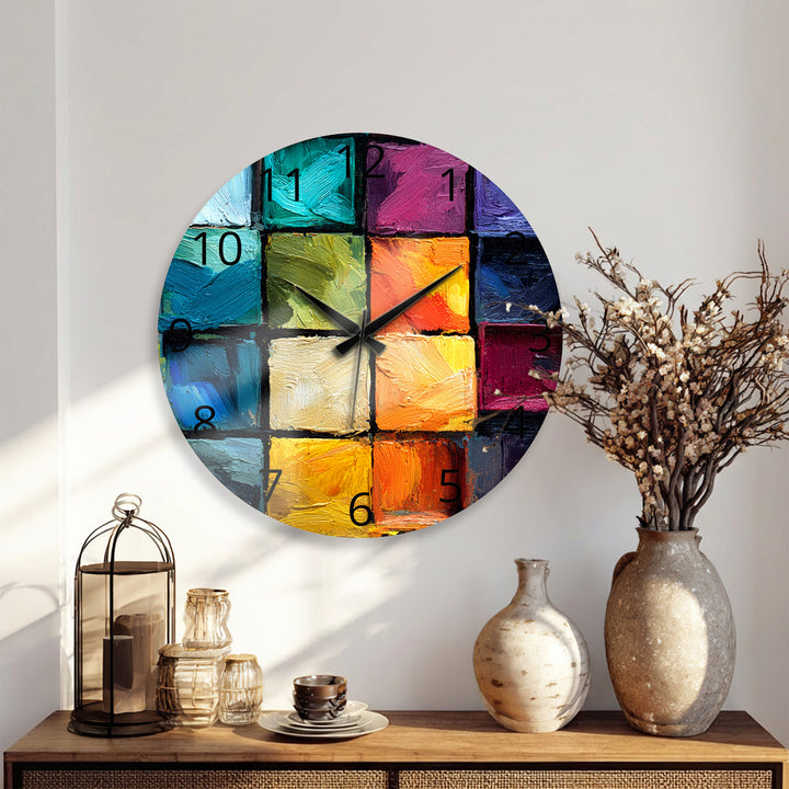Colorful Abstract Glass Wall Clock – Textured Geometric Painting