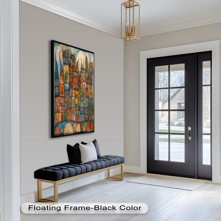 Whimsical Cat Cityscape – Surreal Architecture and Feline Picasso Oil Painting
