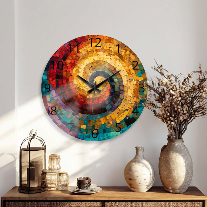 Colorful Spiral Mosaic Glass Wall Clock – Abstract Swirl Decor