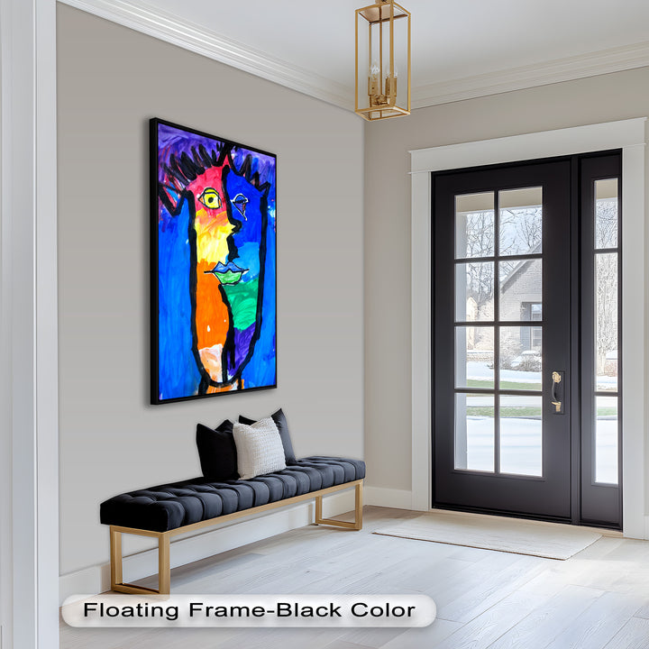 A vibrant and childlike face artwork divided into color sections, outlined in black with exaggerated features.