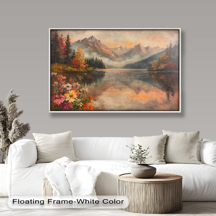 A stunning framed wall art piece showcasing an autumn wilderness retreat, with rich earthy tones, delicate reflections, and a bouquet of wildflowers in the foreground.