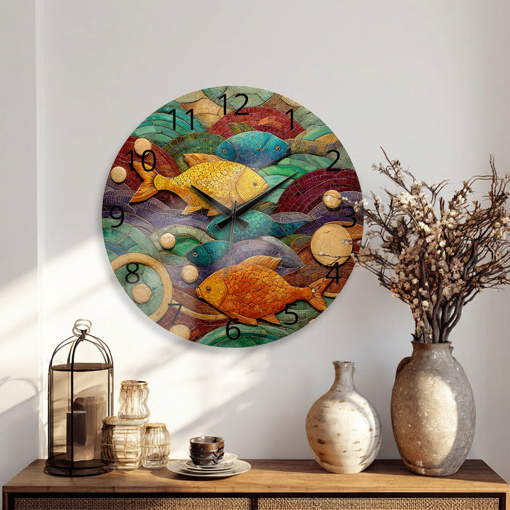 Colorful Fish Glass Wall Clock – Coastal Mosaic Art Decor