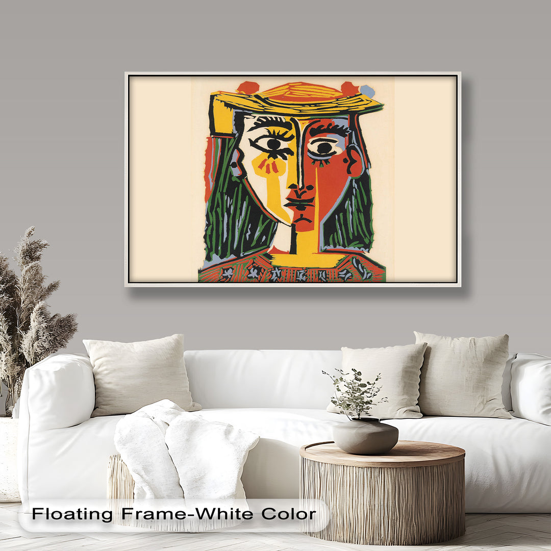 Striking Picasso-inspired artwork of a woman wearing a hat, rendered with flat color planes and angular outlines in a Cubist visual language.