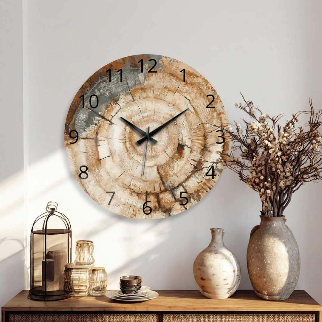 Tree Ring Glass Wall Clock – Rustic Wood Grain Decor