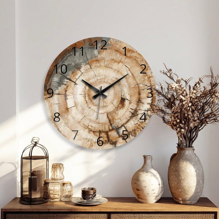 Tree Ring Glass Wall Clock – Rustic Wood Grain Decor