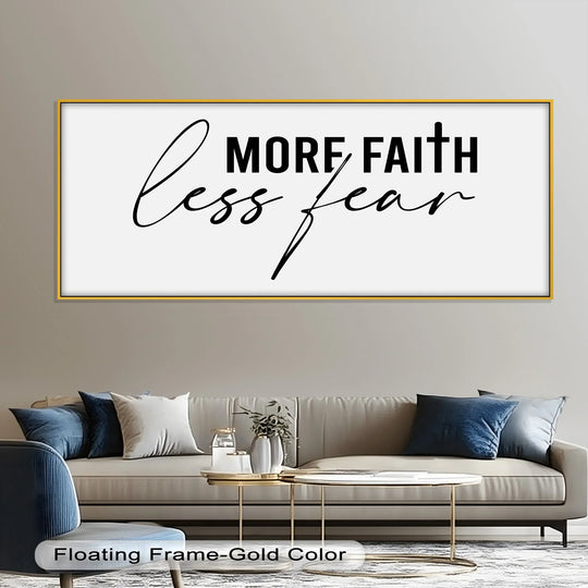 The 'more faith, less fear' motivational oil painting decoration in a gold frame features bold typography and elegant script.