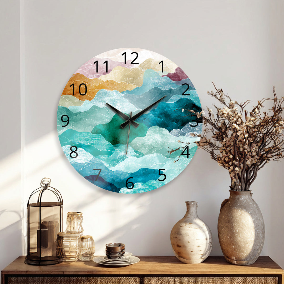 Abstract Mountain Glass Wall Clock – Teal Boho Landscape Decor