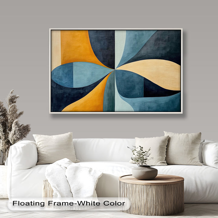 Symmetrical modern artwork showcasing organic shapes in cool and warm hues.
