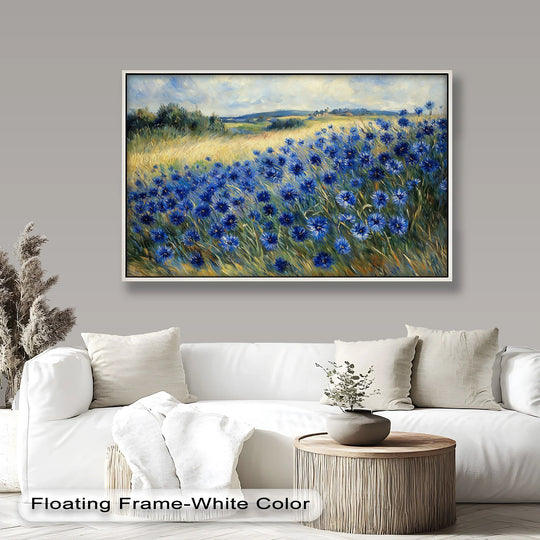 The focal point in this modern oil painting art captures a vivid Impressionist meadow scene of golden fields bursting with brilliant blue cornflowers under a serene sky.