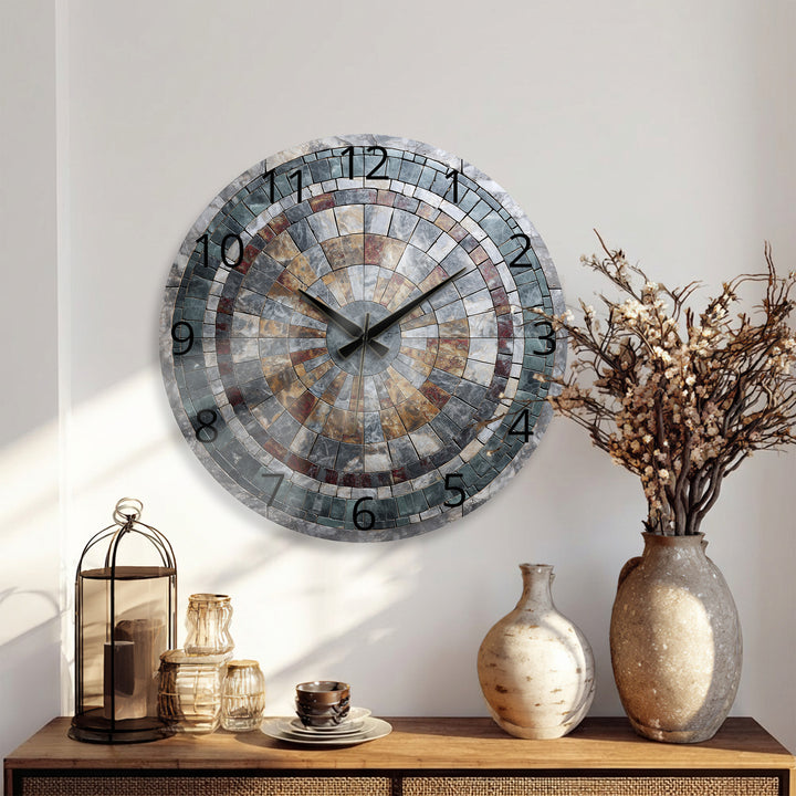 Stone Mosaic Glass Wall Clock – Rustic Geometric Decor