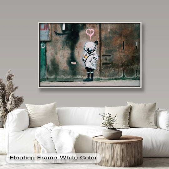 The negative space around the graffiti figure in this oil painting art piece draws focus to the lone child, highlighting the isolation within the urban street art.