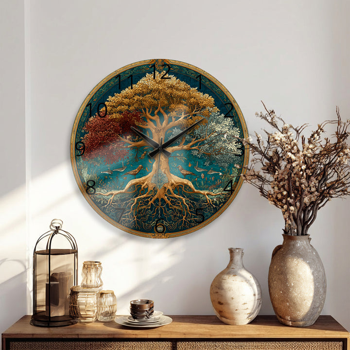 Four Seasons Tree of Life Glass Wall Clock – Botanical Decor