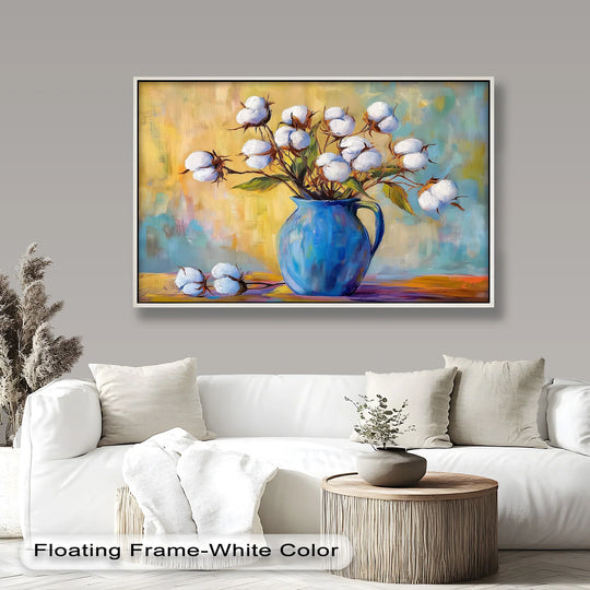 The realistic detail of this blue vase floral still life brings the oil painting artwork to life, showcasing cotton stems with a painterly depth and texture.