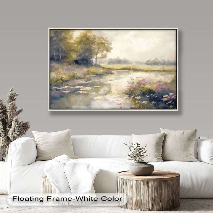 Soft Floral Riverside Wall Art – Romantic Nature Oil Painting