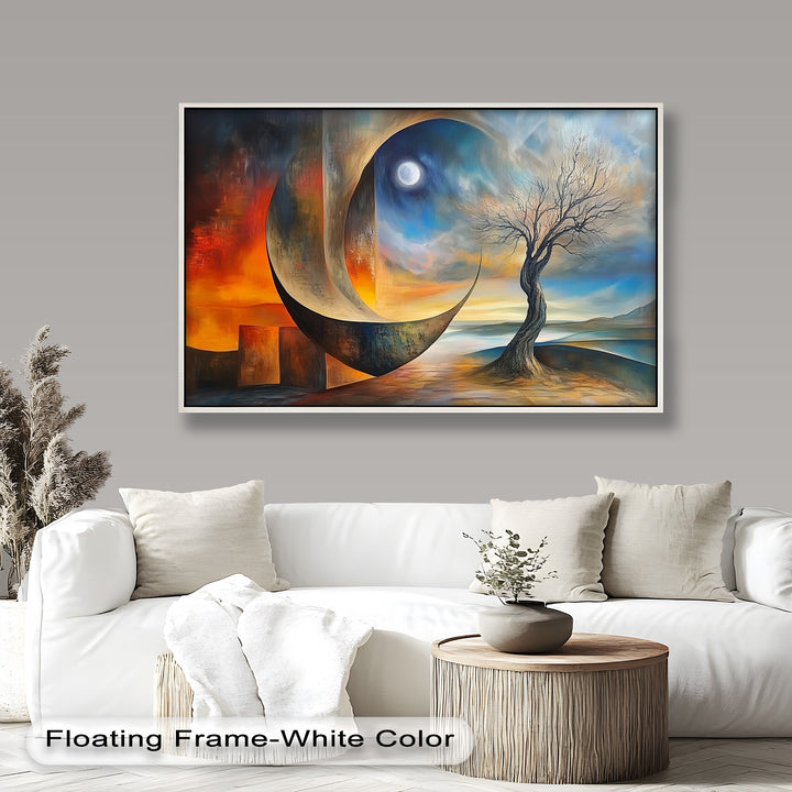 Moonlit Tree and Surreal Horizon - Abstract Oil Painting