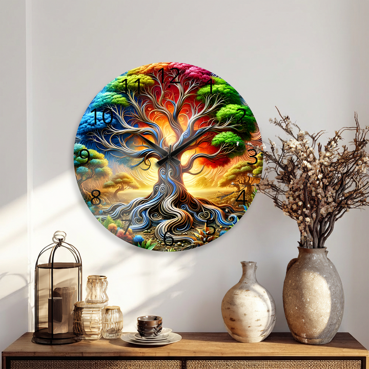Colorful Tree of Life Glass Wall Clock – Fantasy Nature Decor