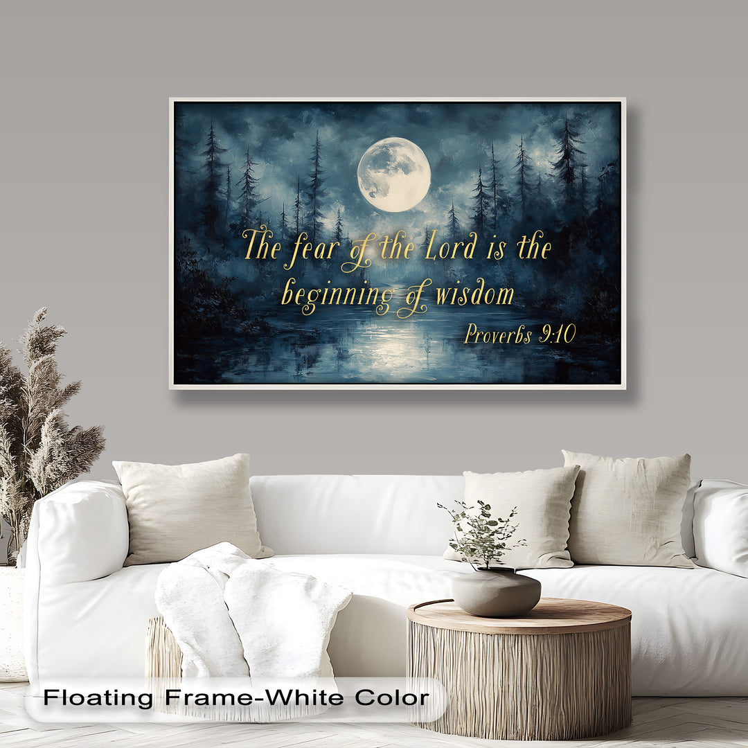 Mystical moonlit forest painting with Proverbs 9:10 scripture on wisdom.
