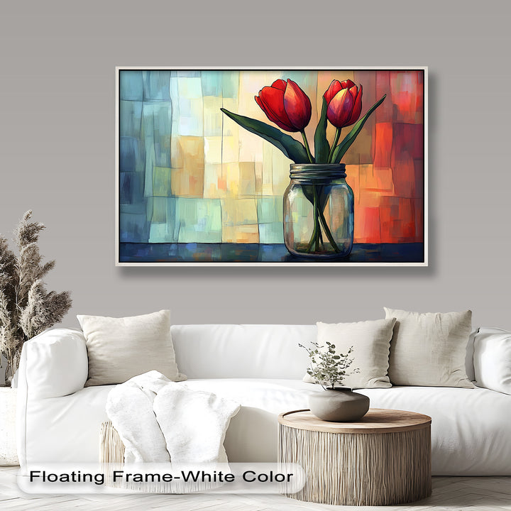Red and Orange Tulips in Glass Vase – Bold Floral Oil Painting
