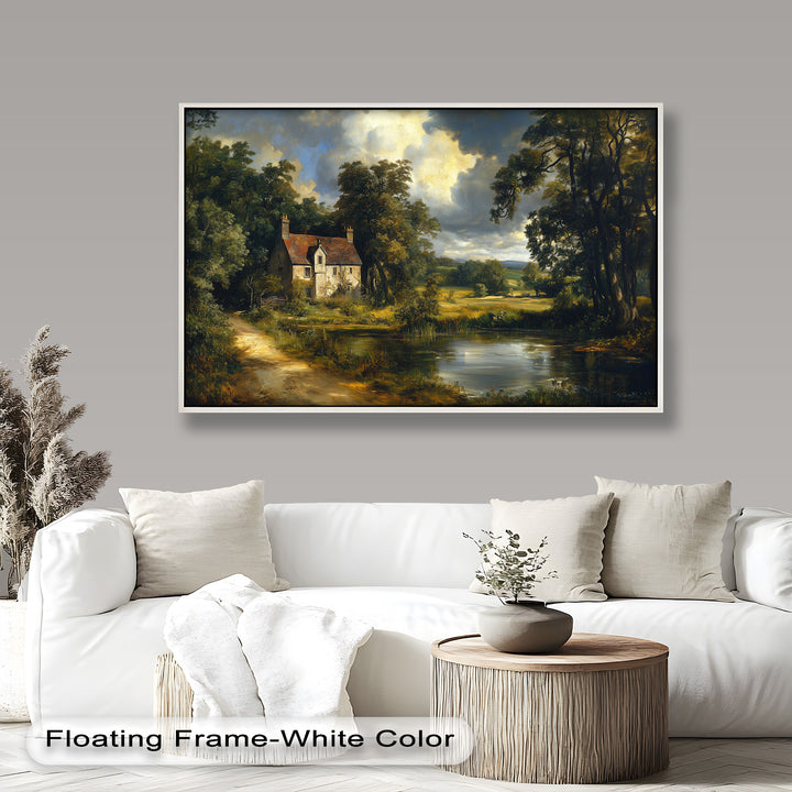 A peaceful country retreat comes to life in this stunning artwork, where an old-world cottage and a winding dirt path lead to a serene pond surrounded by towering trees.