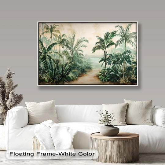 Warm-toned tropical oil painting art piece conveys a serene pathway amidst lush, exotic greenery, highlighting the color temperature of the scene.