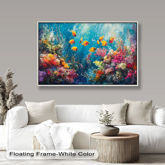 Energetic, the vibrant coral reef with tropical fish evokes a joyful mood in this lively oil painting artwork, a stunning piece of animal-themed wall art.
