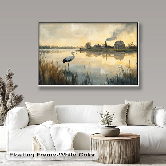 Visual rhythm in the composition showcases the repetitive vertical lines of the reeds, balanced by the still reflections in this 'Stork at Dusk' oil painting wall art.