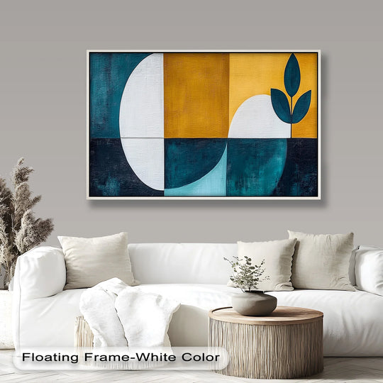 The botanical shapes in this oil painting artwork appear to curve and sway, creating a sense of fluid movement between the teal and gold colors.