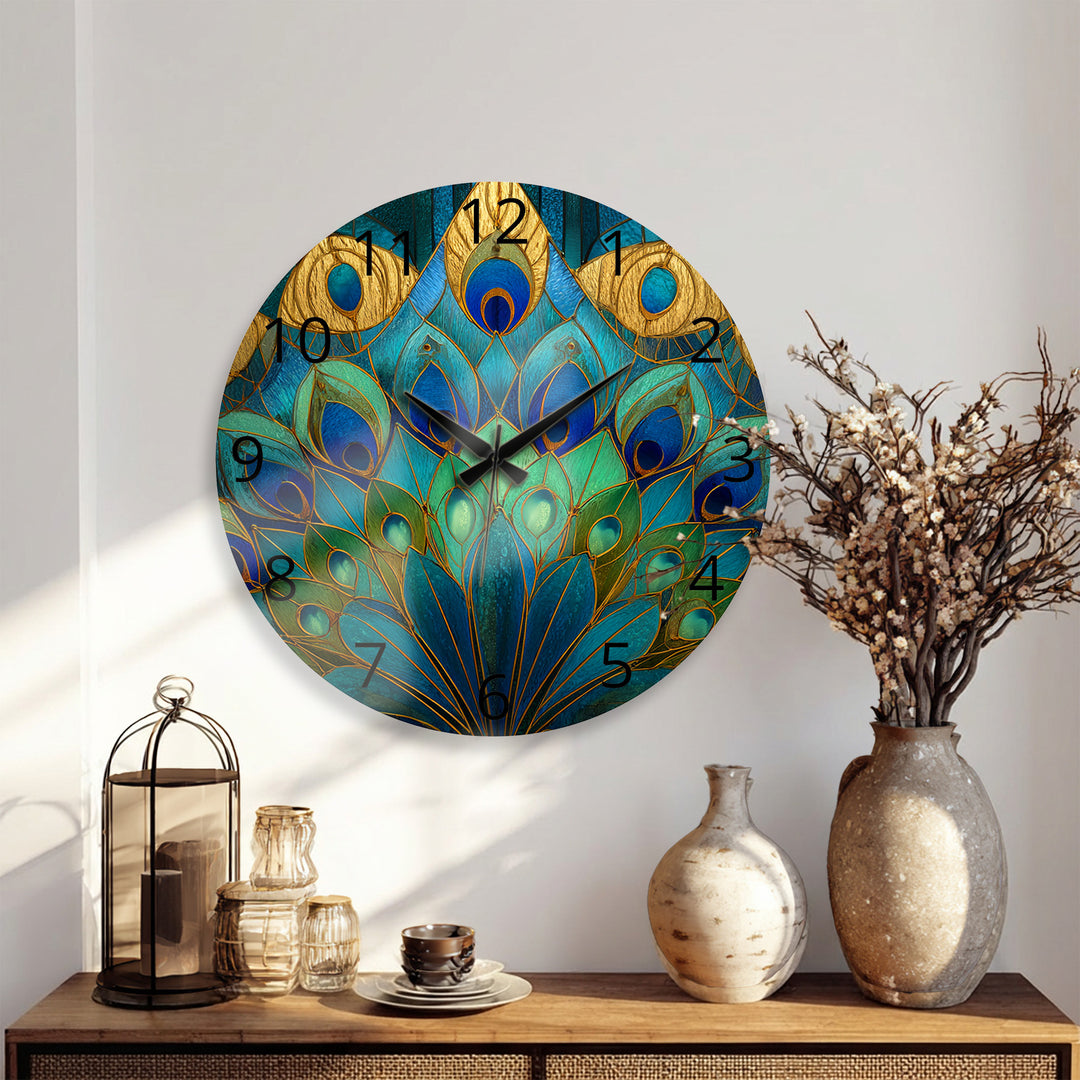 Peacock Feather Glass Wall Clock – Blue Art Nouveau Decor