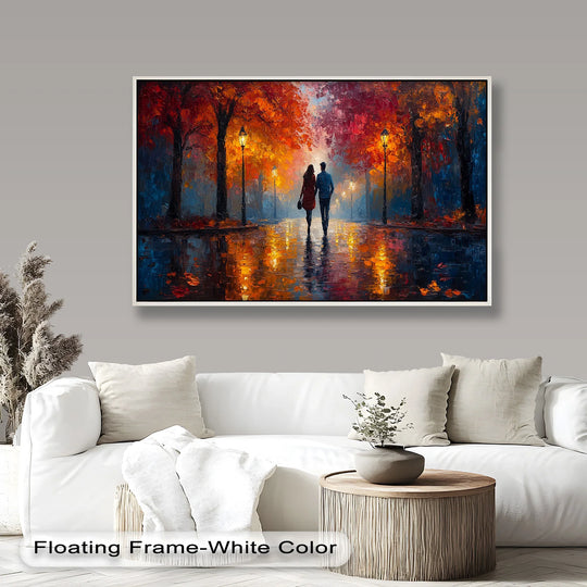 Featuring high color saturation, this love oil painting depicts a couple on a romantic walk under fiery trees, a fine example of oil painting art prints.