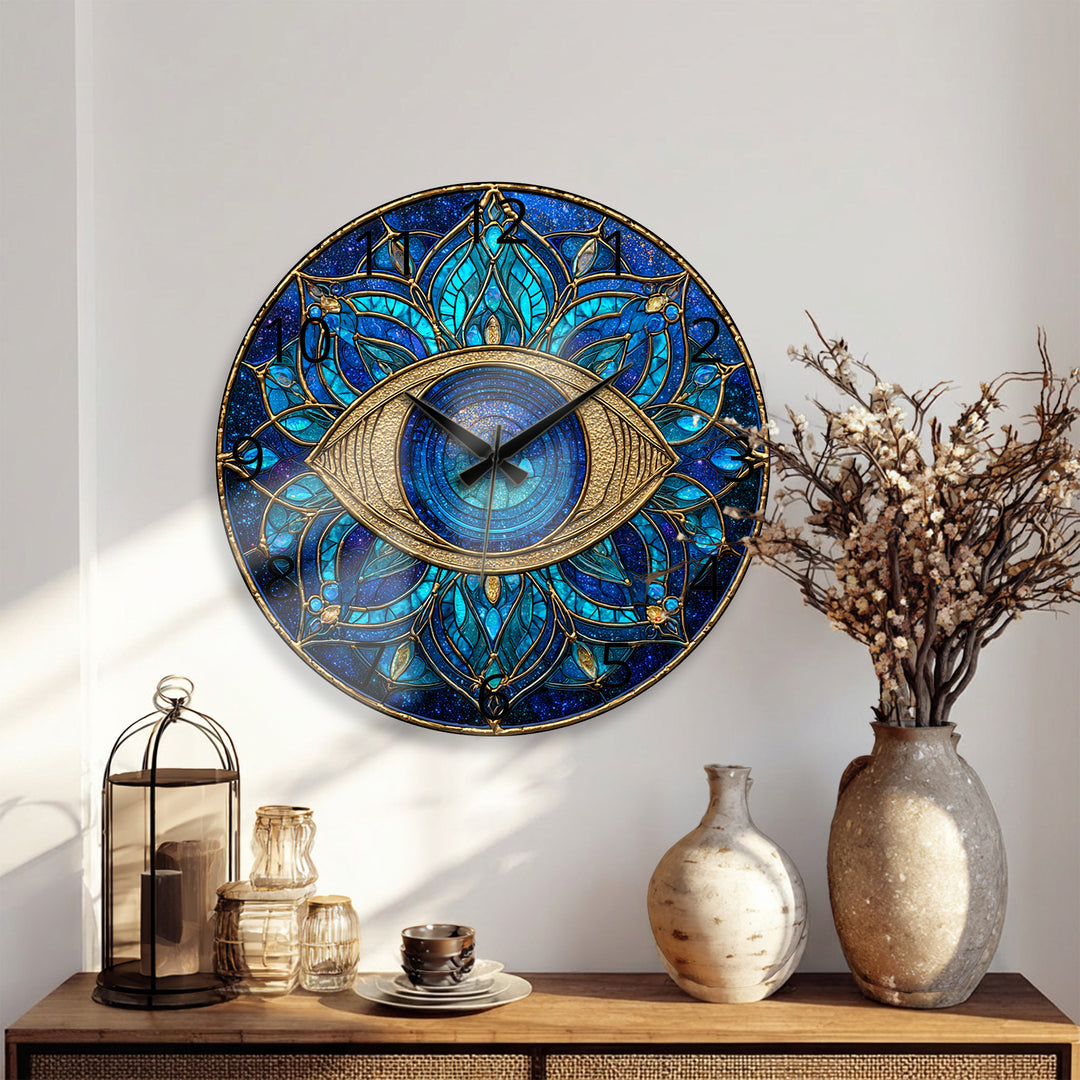 Evil Eye Glass Wall Clock – Blue Mandala Wall Decor