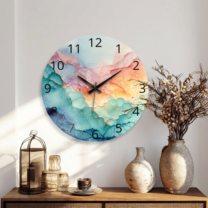 Pastel Fluid Art Glass Wall Clock – Pink and Teal Abstract Decor