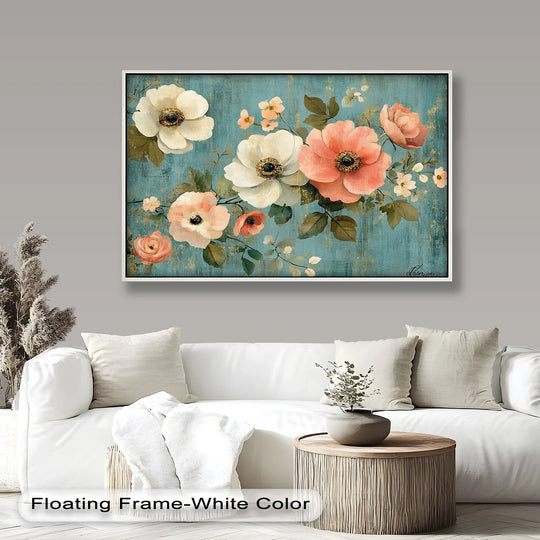 The stillness of the vintage bloom is captured in this elegant floral oil painting home decor, where pink, coral, and white flowers rest against a textured blue backdrop.