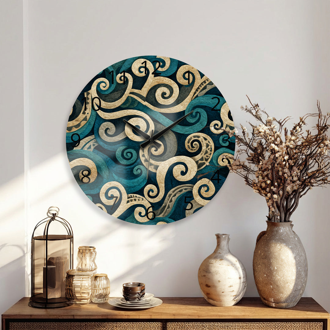 Teal Spiral Glass Wall Clock – Blue and Beige Abstract Swirl Art