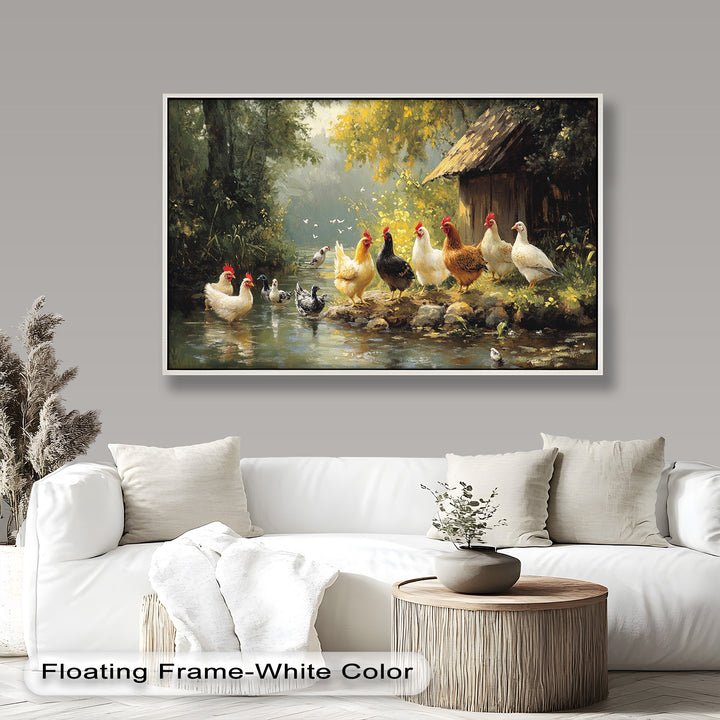 Country Farmyard Chickens by the Stream – Animal Oil Painting