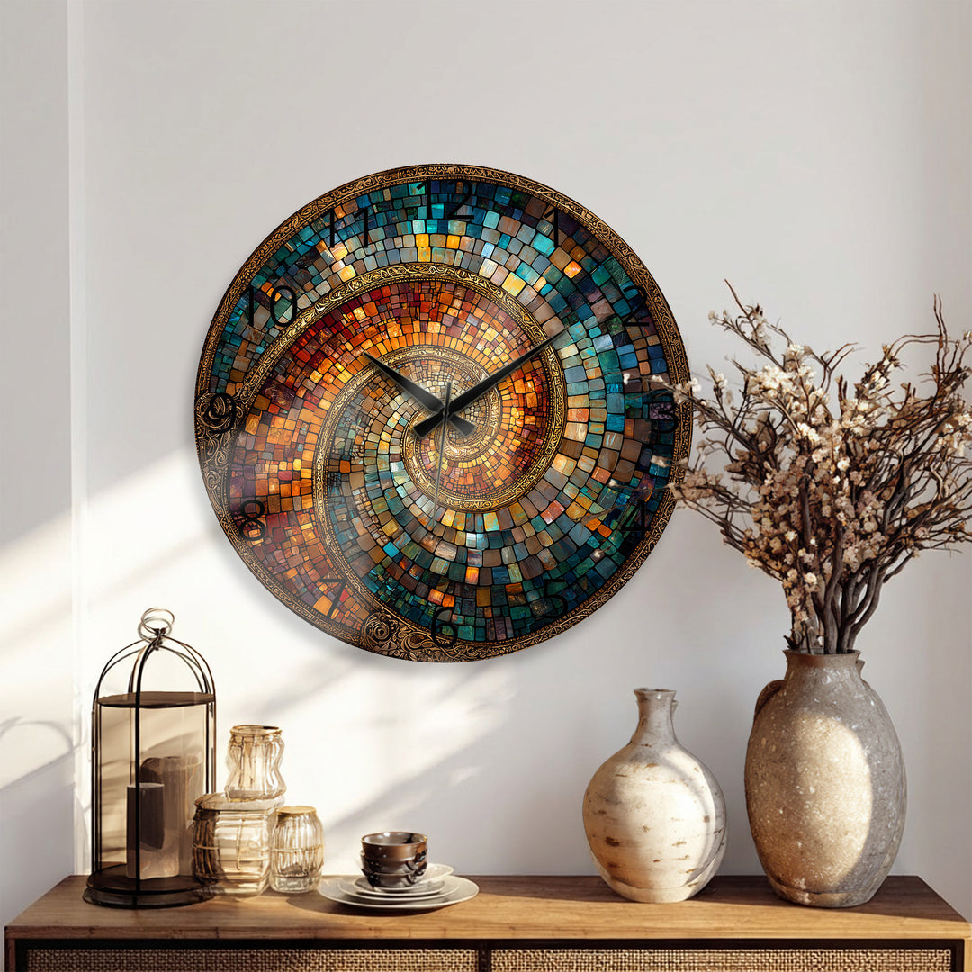 Spiralmosaik-Glaswanduhr – abstrakte Kunst in Blaugrün und Kupfer