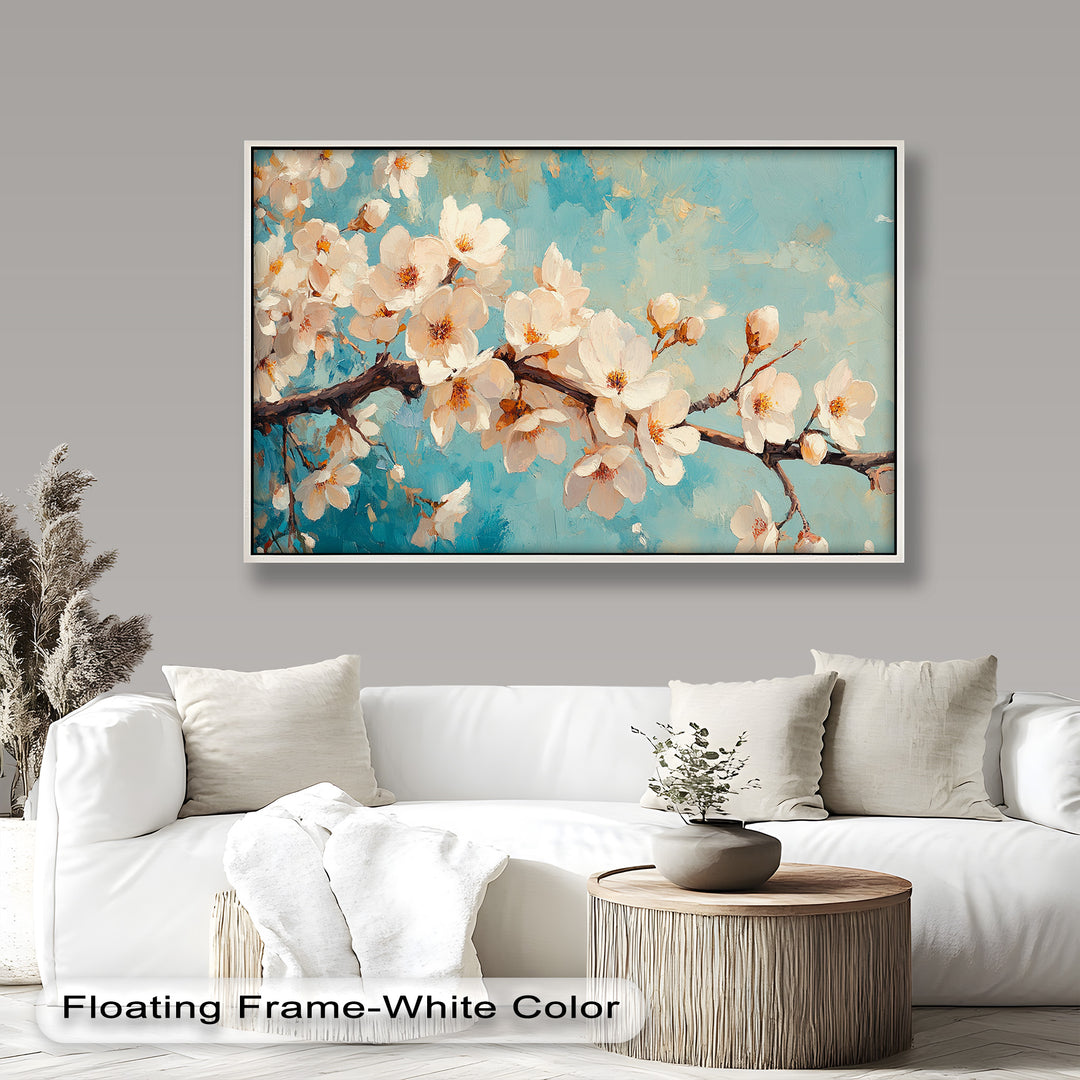 A delicate painting of soft white cherry blossoms blooming on graceful branches, set against a textured turquoise sky.