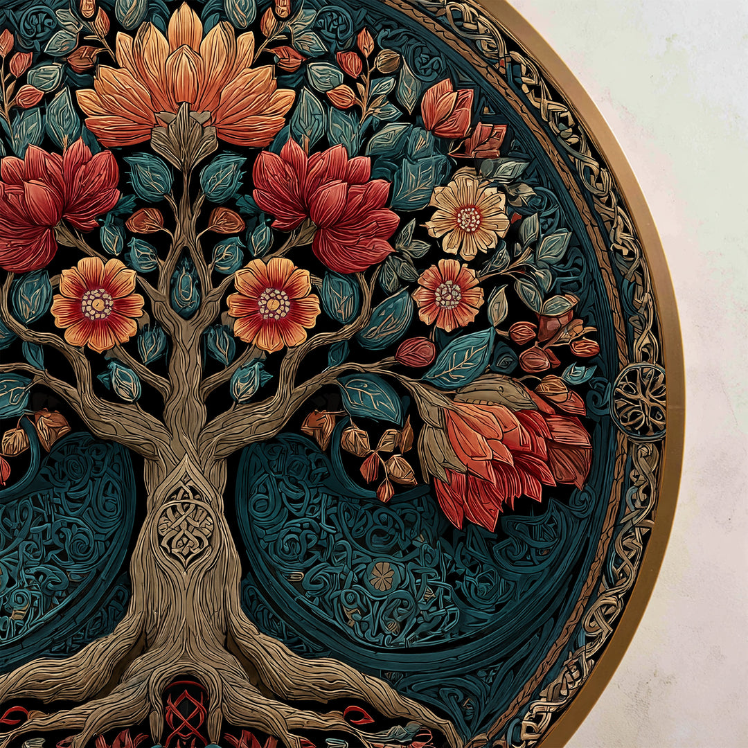 Árbol de flores adornado – Redondo de madera Cuadro al óleo Arte de pared