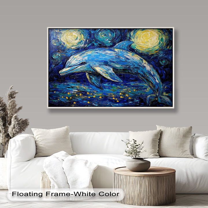 Starry Night Dolphin in Ocean Dreamscape – Animal Oil Painting