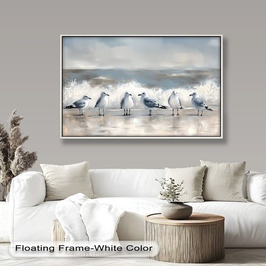 Low color saturation enhances the serene mood of this modern oil painting art, featuring seagulls at the surf’s edge in neutral grays and muted blues.
