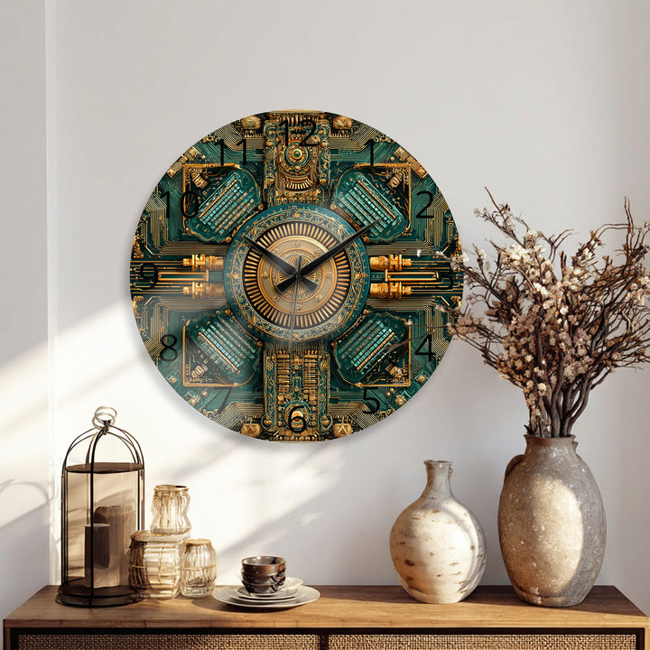 Steampunk-Wanduhr aus Glas – goldenes mechanisches Zahnraddekor