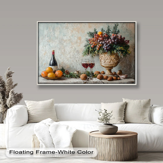 This artwork depicts a rustic table setting adorned with grapes, oranges, and red wine, capturing the essence of a classic still life oil painting.
