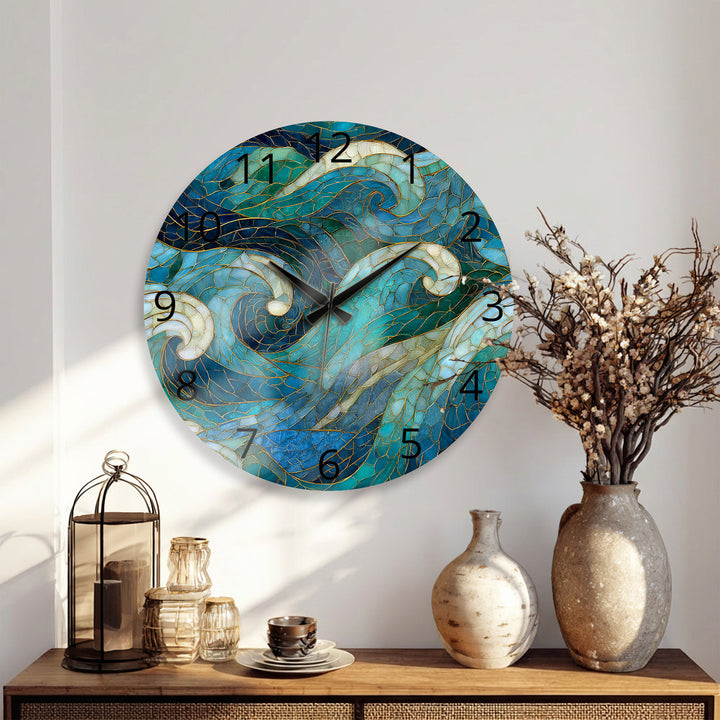 Blue Wave Glass Wall Clock – Abstract Stained Glass Style