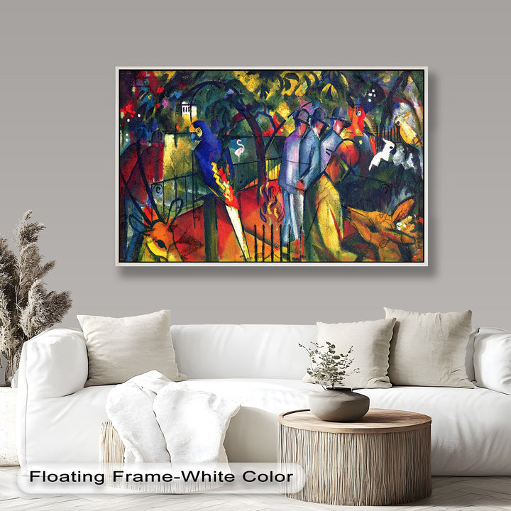 A lively, abstracted depiction of a park or zoo, where people and animals mingle in a whirlwind of bright colors and jagged forms.