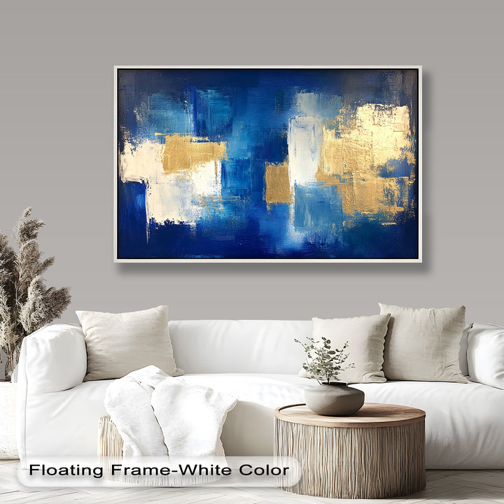 Abstract blue and gold painting with bold textured brushstrokes.
